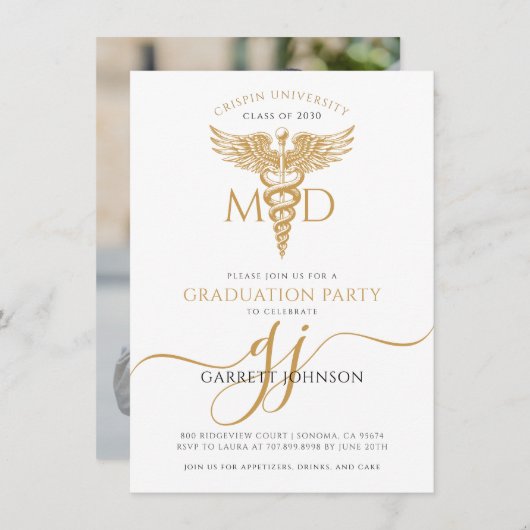 金ゴールドモダンMDドクターフォト卒業パーティー 招待状 (正面/裏面)