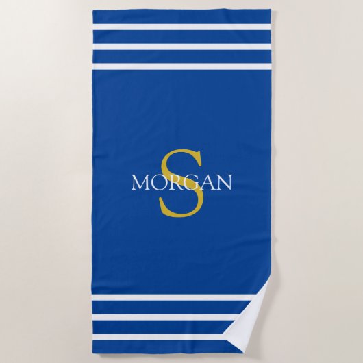 金ゴールドモノグラムとホワイトネームストライプ、ホワイト文字、Dpブルー ビーチタオル (正面)