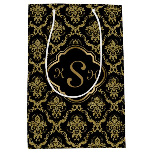 金ゴールドモノグラムのと黒のフローラのダマスパターン ミディアムペーパーバッグ (正面)