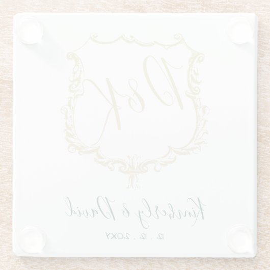 金ゴールドモノグラムのの紋章とフォレストグリーン結婚ズ ガラスコースター (裏面)