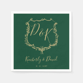 金ゴールドモノグラムのの紋章とフォレストグリーン結婚ズ スタンダードカクテルナプキン