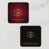 金ゴールドモノグラムのレッドエレガントダマスクプロフェッショナル スクエア名刺 (正面/裏面)