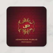 金ゴールドモノグラムのレッドエレガントダマスクプロフェッショナル スクエア名刺 (正面)