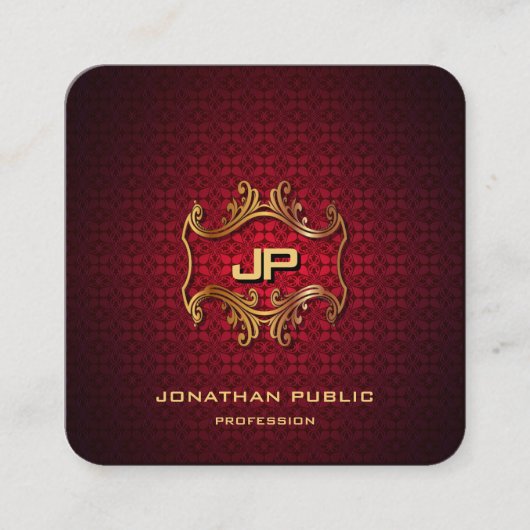 金ゴールドモノグラムのレッドエレガントダマスクプロフェッショナル スクエア名刺 (正面)