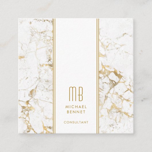 金ゴールドモノグラムの白大理石コンサルタント スクエア名刺 (正面)