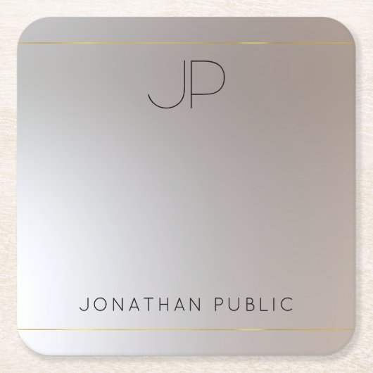 金ゴールドモノグラムの銀テンプレートグラマーモダン スクエアペーパーコースター (正面)