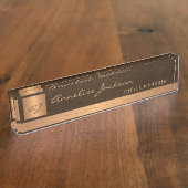 金ゴールドモノグラムの高級エレガントブラウンレザー デスクネームプレート (側面)