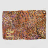 金ゴールドモノグラムイニシャルとヒョウの皮の名前 ゴルフタオル (横)