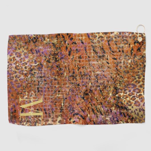 金ゴールドモノグラムイニシャルとヒョウの皮の名前 ゴルフタオル (横)