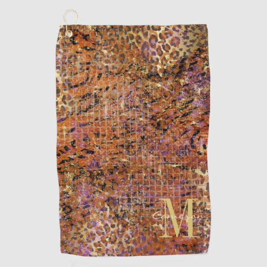 金ゴールドモノグラムイニシャルとヒョウの皮の名前 ゴルフタオル (正面)