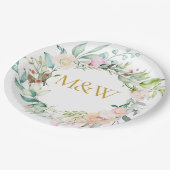 金ゴールドモノグラムイニシャルバラガーランドフローラ ペーパープレート (アングル)