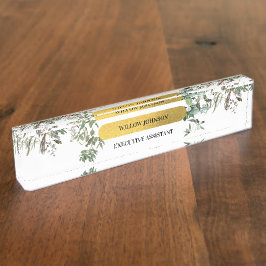 金ゴールドモノグラムエレガントユーカリプトゥスグリーン&バード デスクネームプレート