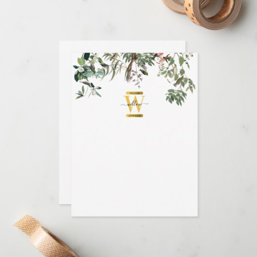 金ゴールドモノグラムエレガントユーカリプトゥスグリーン&バード ノートカード (正面/裏面インサイチュ)