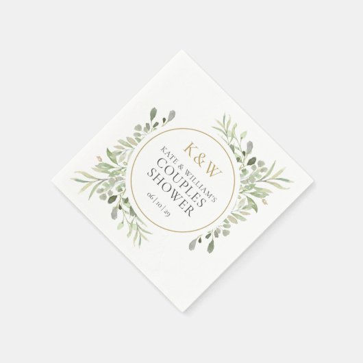 金ゴールドモノグラムグリーナリーカップルウェディングシャワー スタンダードカクテルナプキン (角)