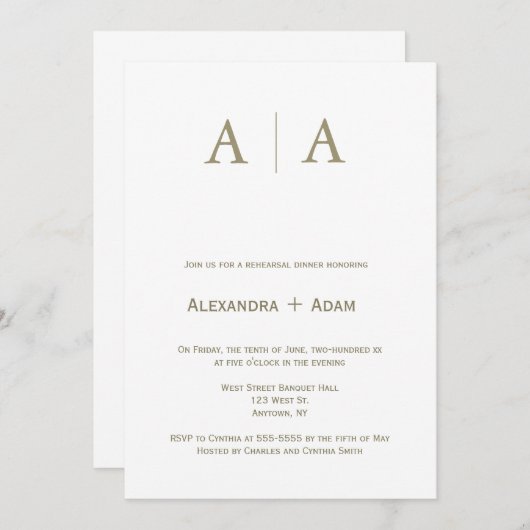 金ゴールドモノグラムシンプルリハーサルのディナー招待状 招待状 (正面/裏面)