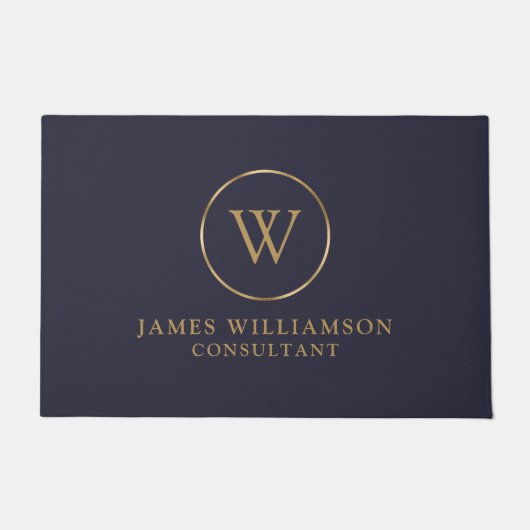 金ゴールドモノグラムダークミッドナイトネイビーブルービジネス ドアマット (正面)