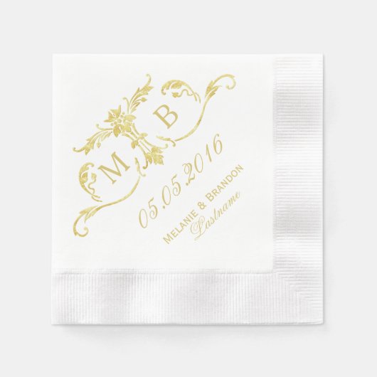 金ゴールドモノグラムパーソナライズされた紙ナプキン 縁ありカクテルナプキン (正面)