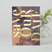 金ゴールドモノグラムパープル秋日付の保存 箔招待状 (立ち正面)