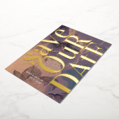 金ゴールドモノグラムパープル秋日付の保存 箔招待状 (回転した状態)