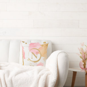 金ゴールドモノグラムピンクピーチモダン抽象芸術 クッション