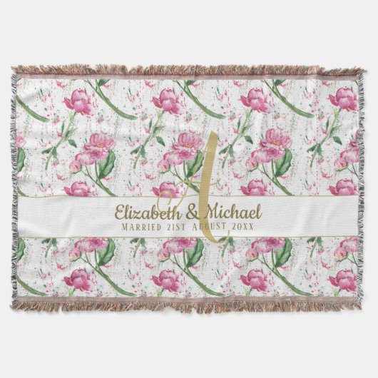 金ゴールドモノグラムピンク牡丹グリーン葉ズ新婚 スローブランケット (正面)