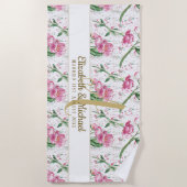 金ゴールドモノグラムピンク牡丹グリーン葉ズ新婚 ビーチタオル (正面)