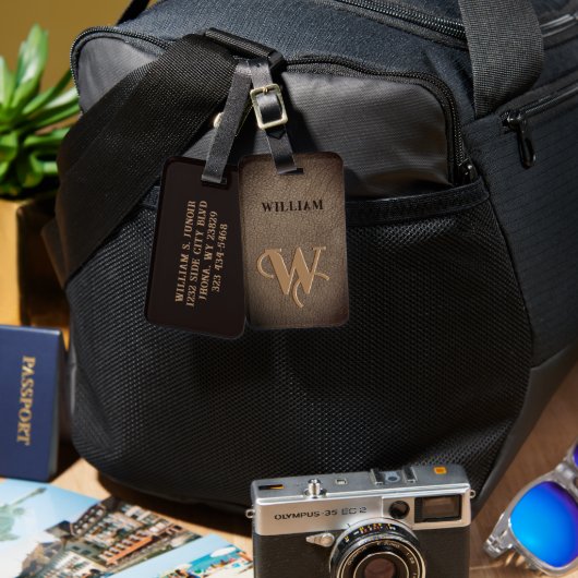 金ゴールドモノグラムフェイクレザーダークブラウン ラゲッジタグ (正面&裏面)