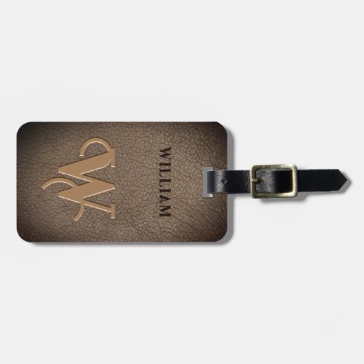 金ゴールドモノグラムフェイクレザーダークブラウン ラゲッジタグ (正面横)