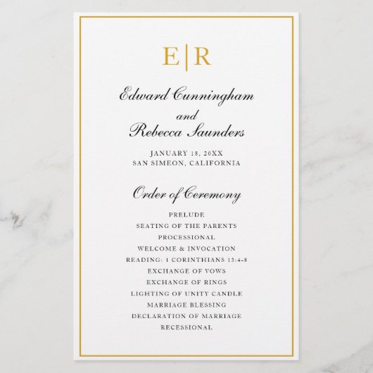 金ゴールドモノグラムフォーマル予算結婚式 プログラム チラシ (正面)