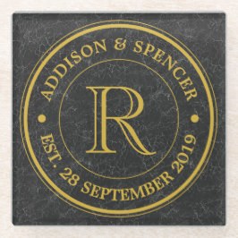 金ゴールドモノグラムブラック結婚レザー記念日 ガラスコースター