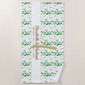 金ゴールドモノグラムボタニカルウォーターカラーグリーンリーウェディング ビーチタオル (正面)