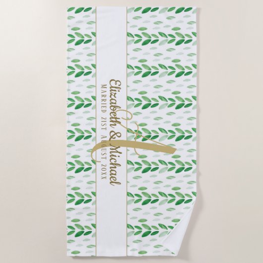 金ゴールドモノグラムボタニカルウォーターカラーグリーンリーウェディング ビーチタオル (正面)