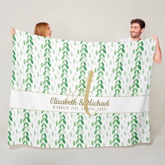 金ゴールドモノグラムボタニカルウォーターカラーグリーンリーウェディング フリースブランケット (インサイチュ)