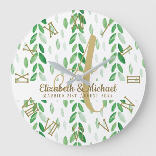 金ゴールドモノグラムボタニカルウォーターカラーグリーンリーウェディング ラージ壁時計 (正面)