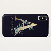 金ゴールドモノグラムレターブルーフローラ名前をカスタムする Case-Mate iPhoneケース (裏面(横))