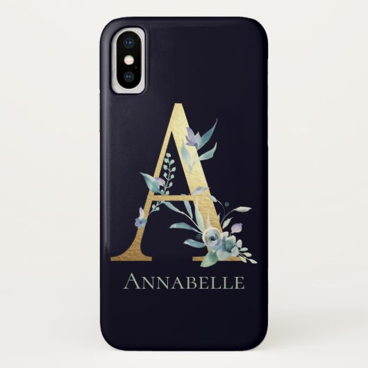 金ゴールドモノグラムレターブルーフローラ名前をカスタムする Case-Mate iPhoneケース (裏面)