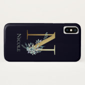 金ゴールドモノグラムレターNネイビーブルーフローラ名 Case-Mate iPhoneケース (裏面(横))