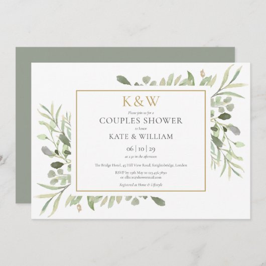 金ゴールドモノグラム緑の葉カップルのシャワー 招待状 (正面/裏面)