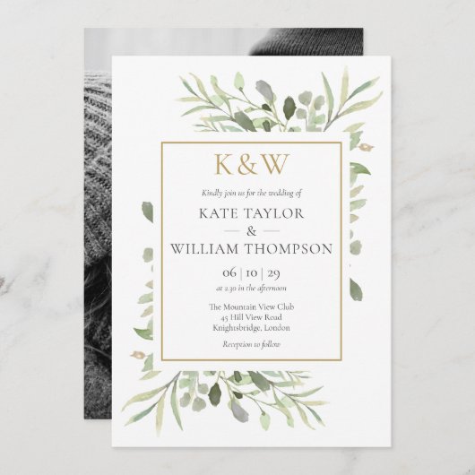 金ゴールドモノグラム緑結婚の写真 招待状 (正面/裏面)