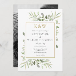 金ゴールドモノグラム緑結婚の写真 招待状