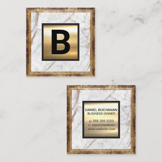 金ゴールドモノグラム |アンティーク枠 |白大理石 スクエア名刺 (正面/裏面)