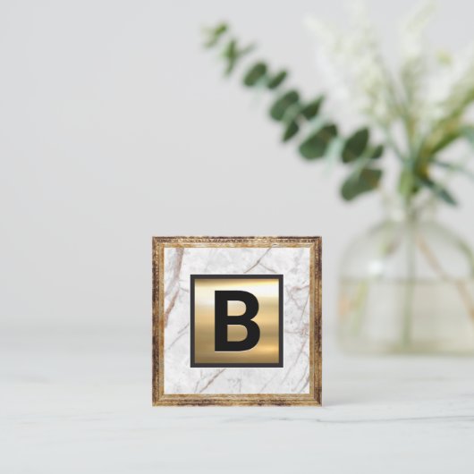 金ゴールドモノグラム |アンティーク枠 |白大理石 スクエア名刺 (スタンド正面)