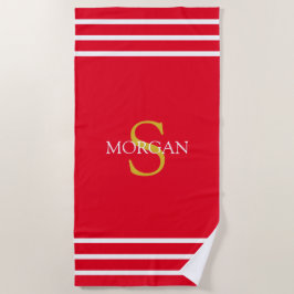 金ゴールドモノグラム/ホワイトネーム白ストライプ文字、赤 ビーチタオル