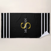 金ゴールドモノグラム/ホワイトネーム白ストライプ文字、黒 ビーチタオル (正面)