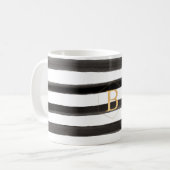 金ゴールドモノグラム|A-Z,水彩ストライプ,黒 コーヒーマグカップ (正面左)