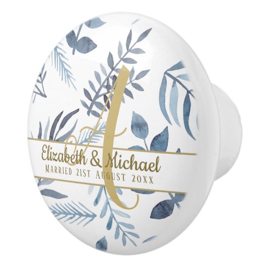 金ゴールドモノグラムAzureブルーボ葉タン結婚ズ セラミックノブ (右)