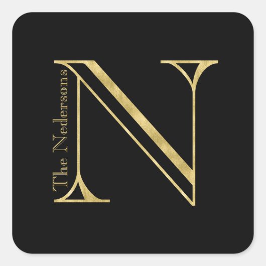 金ゴールドモノグラムNおよび任意の色の名前 スクエアシール (正面)
