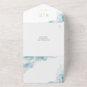 金ゴールドモノグラムQRコードブルーウォーター結婚カラー オールインワン招待状 (外側)