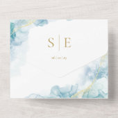 金ゴールドモノグラムQRコードブルーウォーター結婚カラー オールインワン招待状 (裏面)