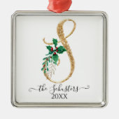 金ゴールドモノグラムSグリッタークリスマスホリーリーフ メタルオーナメント (正面)